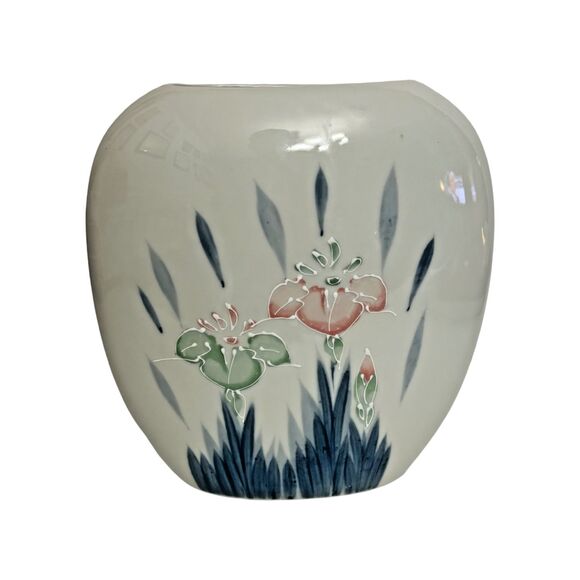Contemporary Elliptical Vase Hand Paint Floral & Leaf Underglaze White Porcelain - Picture 2 of 7